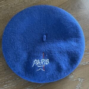French Beret Hat Cap Embroidered Paris Eiffel Tower Parisian Wool Blue